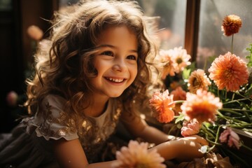 Joyful Child with Flowers by the Window