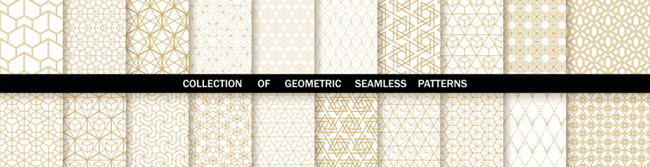 Geometric set of seamless gold and white patterns. Simple vector graphics