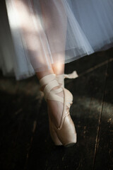 Ballerina's legs in satin pointe shoes.