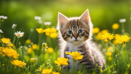 Obraz premium Cute little kitten sitting in daisies flowers on the grass