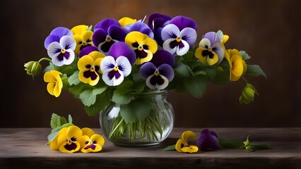 A bouquet of pansies and leaves in a vase on the table. Blur, selective focus.