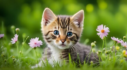 Cute little kitten sitting in flowers on the grass