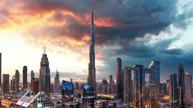 Time lapse Amazing night Dubai downtown skyline, United Arab Emirates