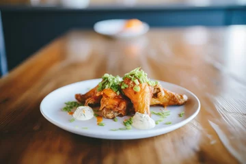 Foto auf Acrylglas Antireflex buffalo wings with blue cheese dressing and carrots © studioworkstock
