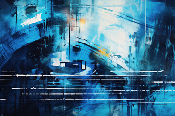 A visual journey through abstract artistry, combining deep blue hues, textured graffiti, and electronic motifs, all captured in a unique oil painting.