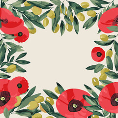 Frame of poppy flowers and olives.