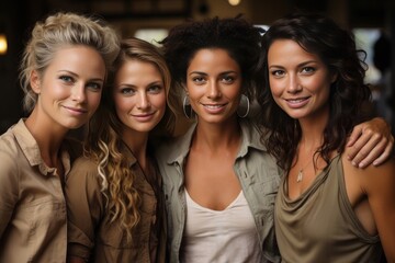 Obraz premium Four Diverse Friends Smiling Together in Warm Indoor Setting