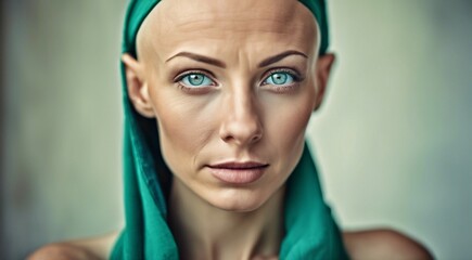 portrait of a pretty hairless woman on background, green or blue eyes, bald-headed girl, cancer woman, portrait of bald-headed woman