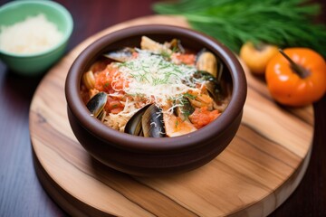 cioppino in a clay bowl, side of grated parmesan, on a wooden board