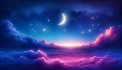 Obraz na płótnie Canvas Fantasy Skyline with Moon and Stars Above Clouds purple gradient mystical moonlight sky with clouds and stars phone background wallpaper ai generated