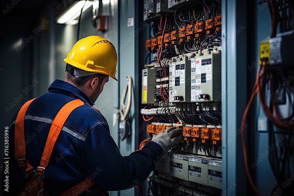Poster Electrical technician working in a switchboard. Electrician engineer checks electrical circuit in control panel for high current and voltage, starting relays for industrial production. Generative AI