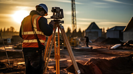 A surveyor builder engineer in action, this photo showcases precise measurement with theodolite equipment at a bustling construction site. - obrazy, fototapety, plakaty