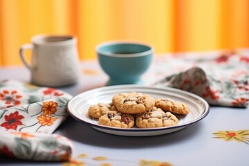 Fototapeta premium oatmeal cookies with raisins on a ceramic dish with a napkin