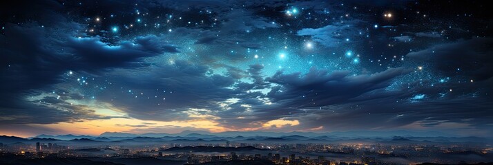 Cosmic stars burn brightly in the night sky. View of the stars with clouds through the trees in the forest or above the city, Generative AI