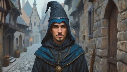 Portrait of young medieval wizard. Dnd character