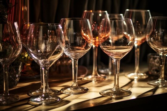 Several wine glasses arranged on a table. Generative AI