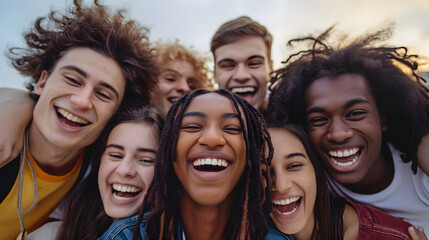 Obraz premium Group of young friends smiling and laughing on camera 