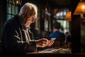 An elderly man is counting money to pay for an order in a cafe. - obrazy, fototapety, plakaty