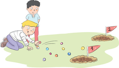 Two children playing marbles together.
