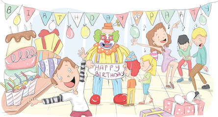 Children dancing with a clown at a birthday party.