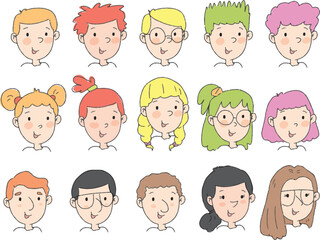 Set of different boys and girls head drawings. Young children's heads.