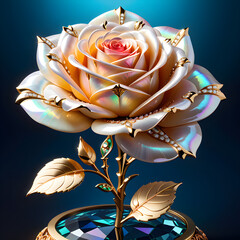 AI prompt: 4K+ graphic of an intricate rose with mother-of-pearl, gemstones, and gold for a captivating atmosphere.(Generative AI) 