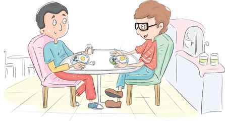 Two friends having breakfast in the cafe are chatting.