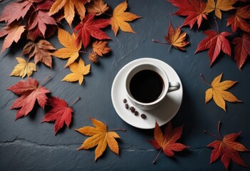 Red autumn leaves on a blue slate background, with a steaming cup of coffee placed off to one side, viewed from the top - Powered by Adobe