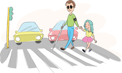 The little girl helping the blind man in traffic. The little girl helps the visually impaired man by holding his hand to cross the pedestrian crossing in traffic.