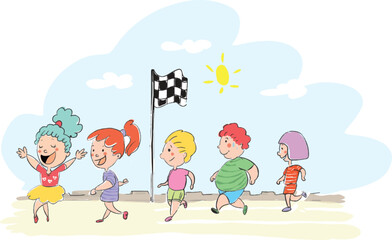 Kids running race. The first girl is happy.