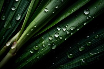 Fresh leeks with water splashes and drops on black background