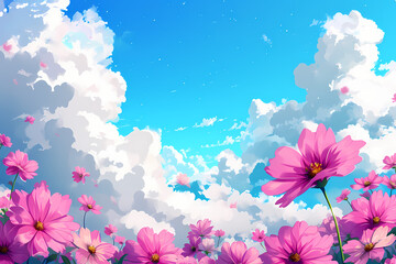 Fototapeta na wymiar Blooming Flowers and Clouds in Blue Background