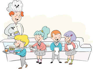 Little students lining up in the school canteen.