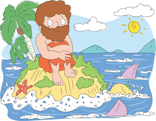 Obraz na płótnie Canvas A man stranded on a small island in the middle of the sea.