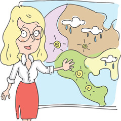 Woman anchorman weather channel vector illustration. Worldwide weather forecast concept