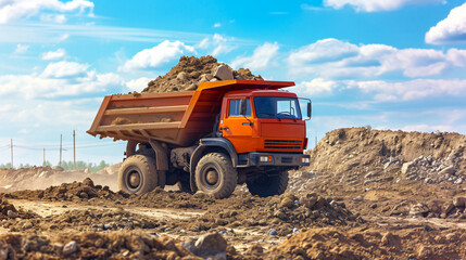 Dump truck with a raised body at a construction