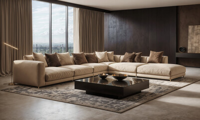 contemporary luxury living room interior with modern sofa, stylish furniture, and elegant design elements in beige mood and tone