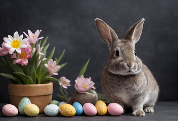 Fototapeta na wymiar Happy Easter at home with spring flowers and a rabbit on a dark room background