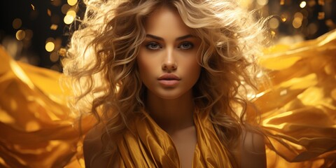 Fashion editorial Concept. Stunning golden hair beautiful woman girl high fashion striking gold glitter shimmer. illuminated with dynamic composition and dramatic lighting