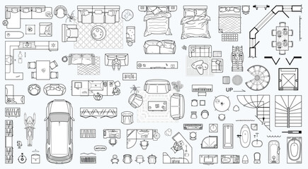 Collection of furniture and equipment top view for house plan. Interior icons set for bathrooms and living room, kitchen and bedroom (view from above). Vector blueprint for apartment floor plan - 716389705
