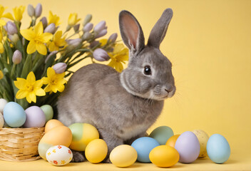 Fototapeta na wymiar Happy Easter at home with spring flowers and a rabbit on a yellow room background