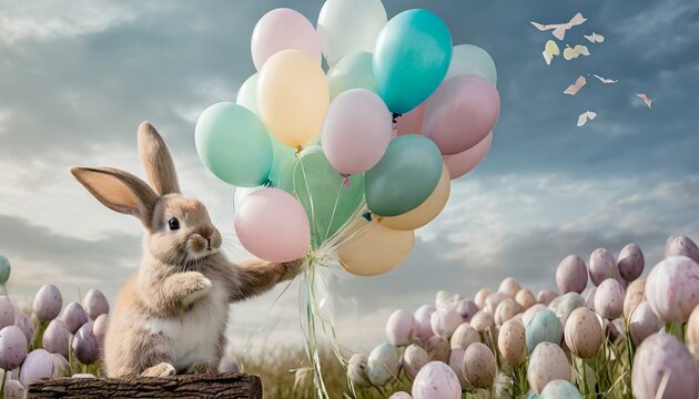 Easter Bunny with Pastel Balloons: The Easter bunny holding a bunch of pastel-colored balloons.