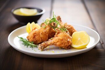 homemade fried chicken with lemon wedges