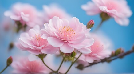 Obraz premium Flowers on an apple tree branch against a blurred sky