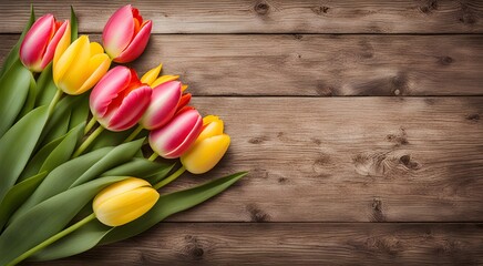 Beautiful pink and yellow tulips. Tulips bouquet on wood table