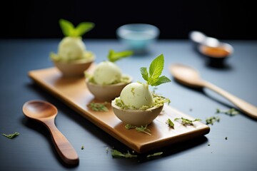 green tea ice cream scoops with mint leaves