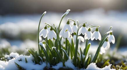 Delicate little snowdrops with snow on a blurred background