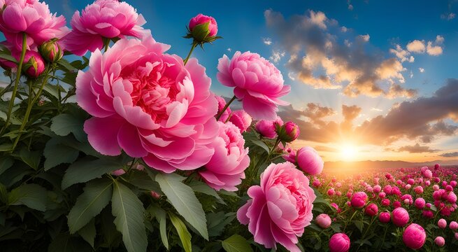 Bouquet of pink peony on sunset