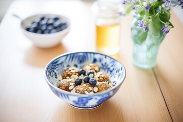 Fototapeta na wymiar blueberries and oatmeal in breakfast bowl