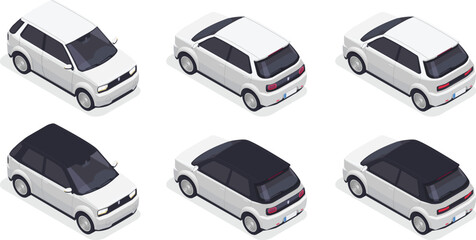 Isolated set isometric modern white electric hatchback vehicles